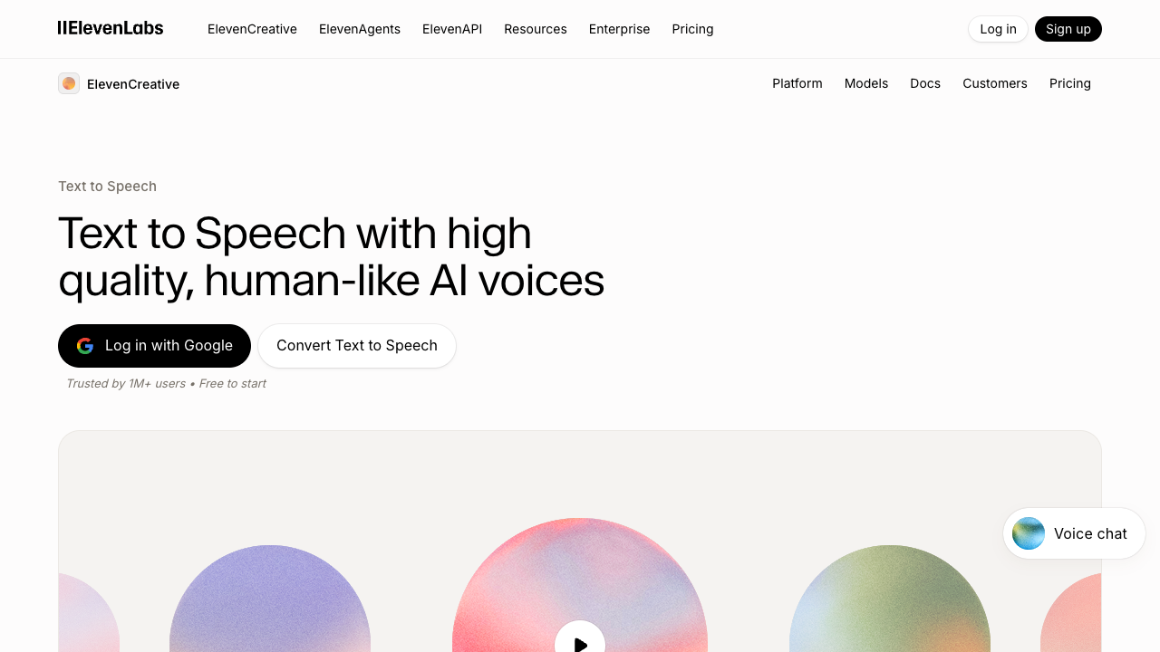 Branded ElevenLabs text to speech page with the ElevenLabs name and Text to Speech heading visible