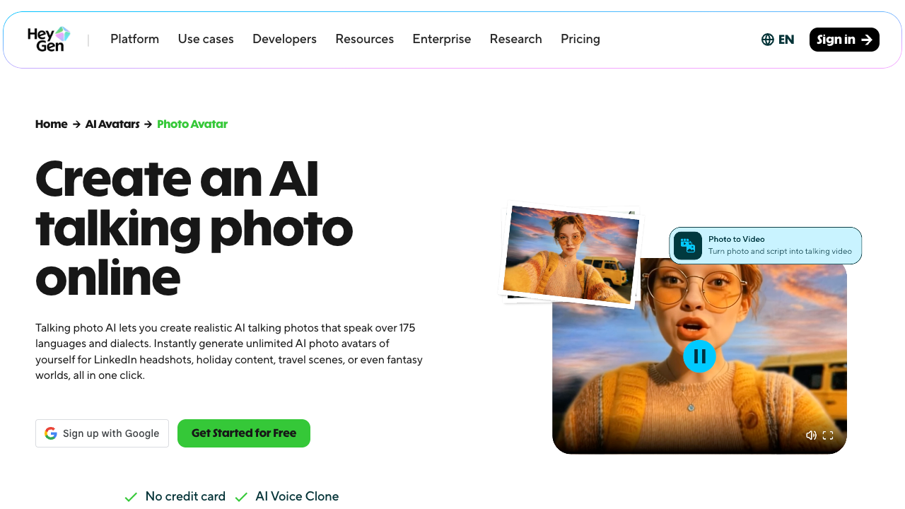 Branded HeyGen talking photo page with the HeyGen name and the talking photo product heading visible