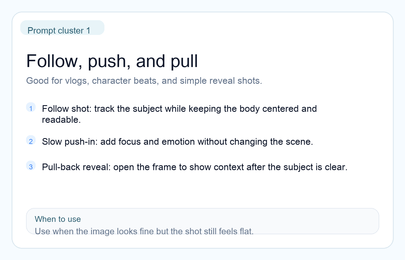 English prompt card for follow shots, push-ins, and pull-back reveals