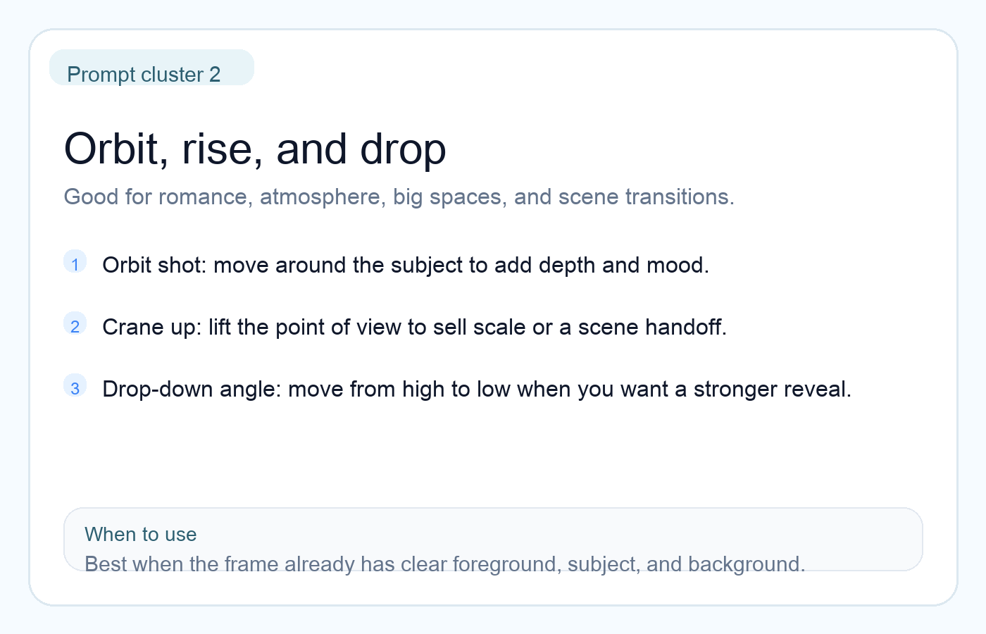 English prompt card for orbit shots and rising or dropping camera angles