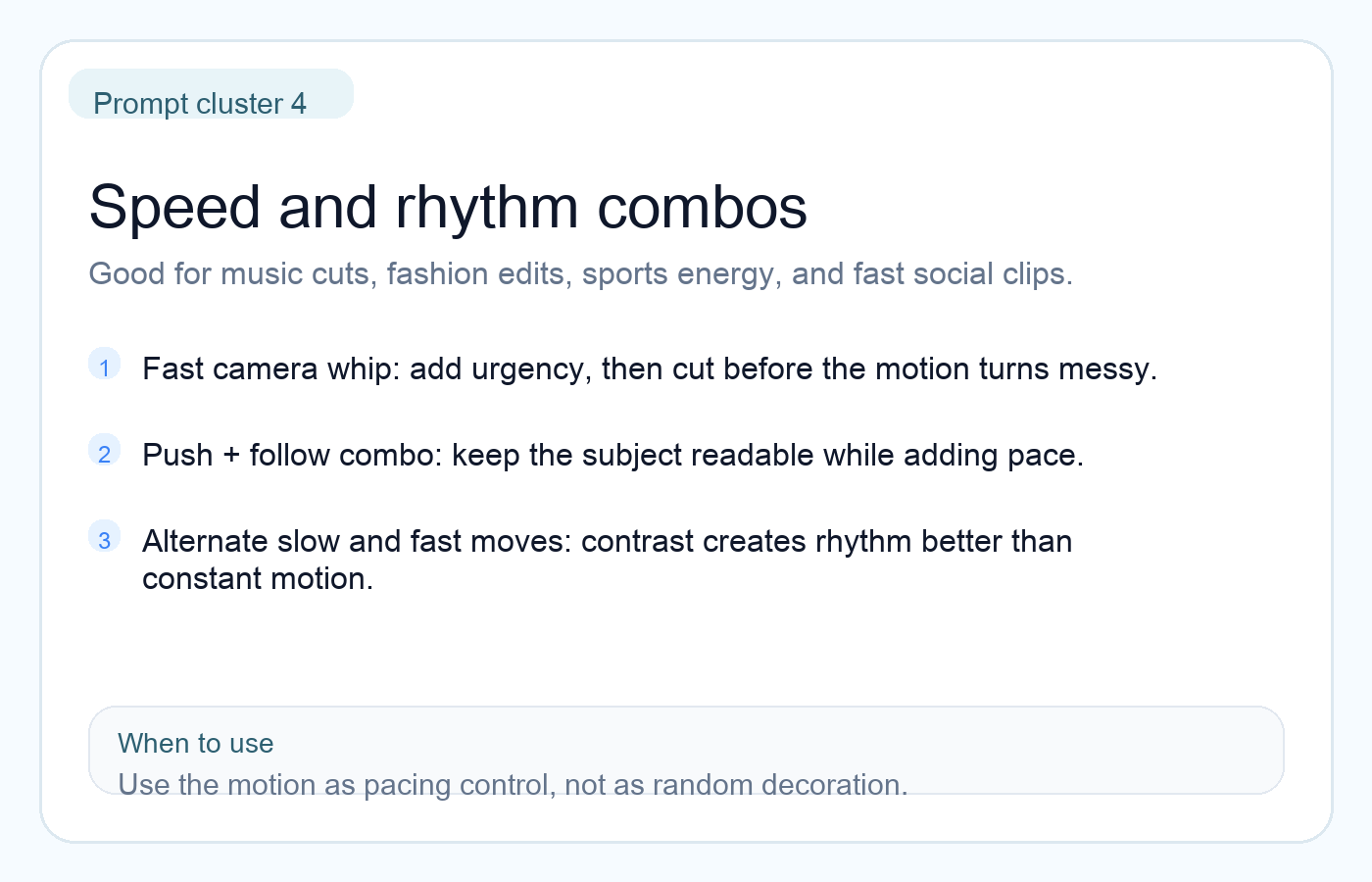 English prompt card for fast rhythm, whip moves, and movement combinations in AI video prompts