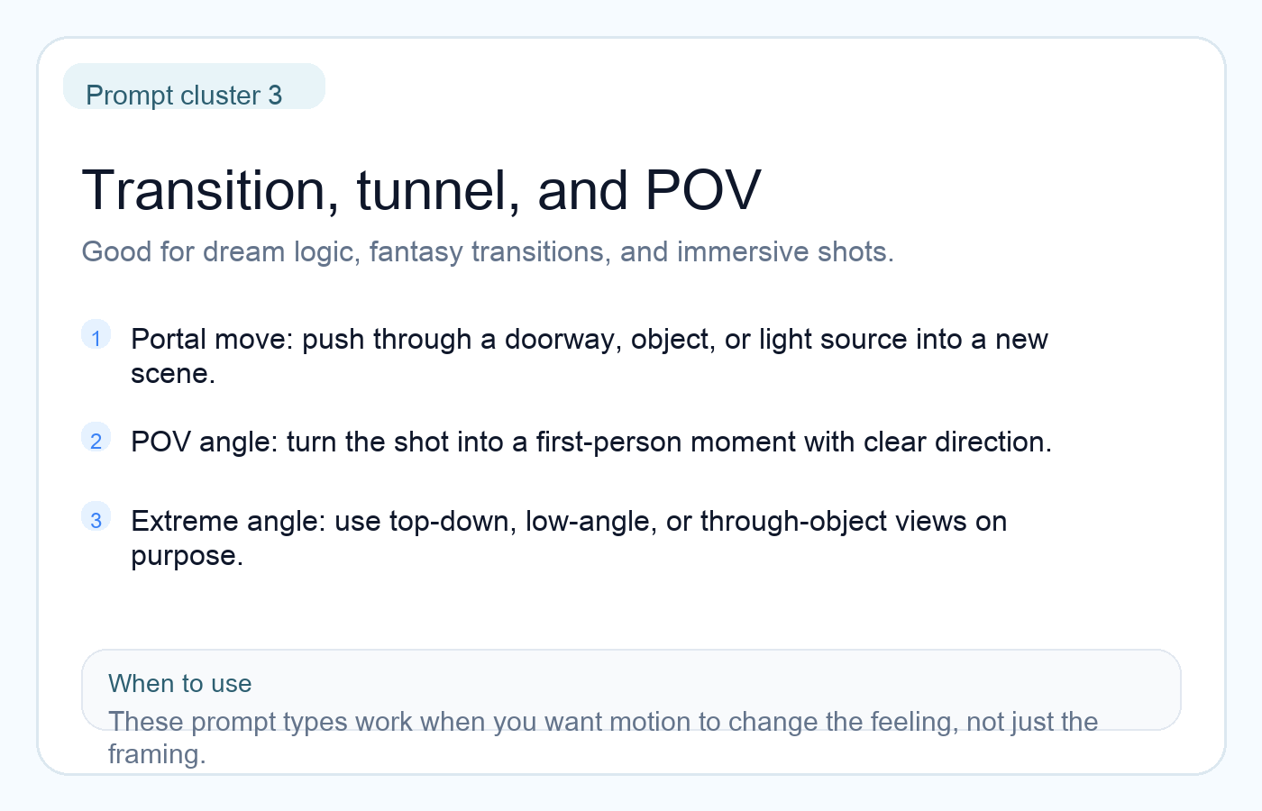 English prompt card for transition passes, POV prompts, and extreme camera angles