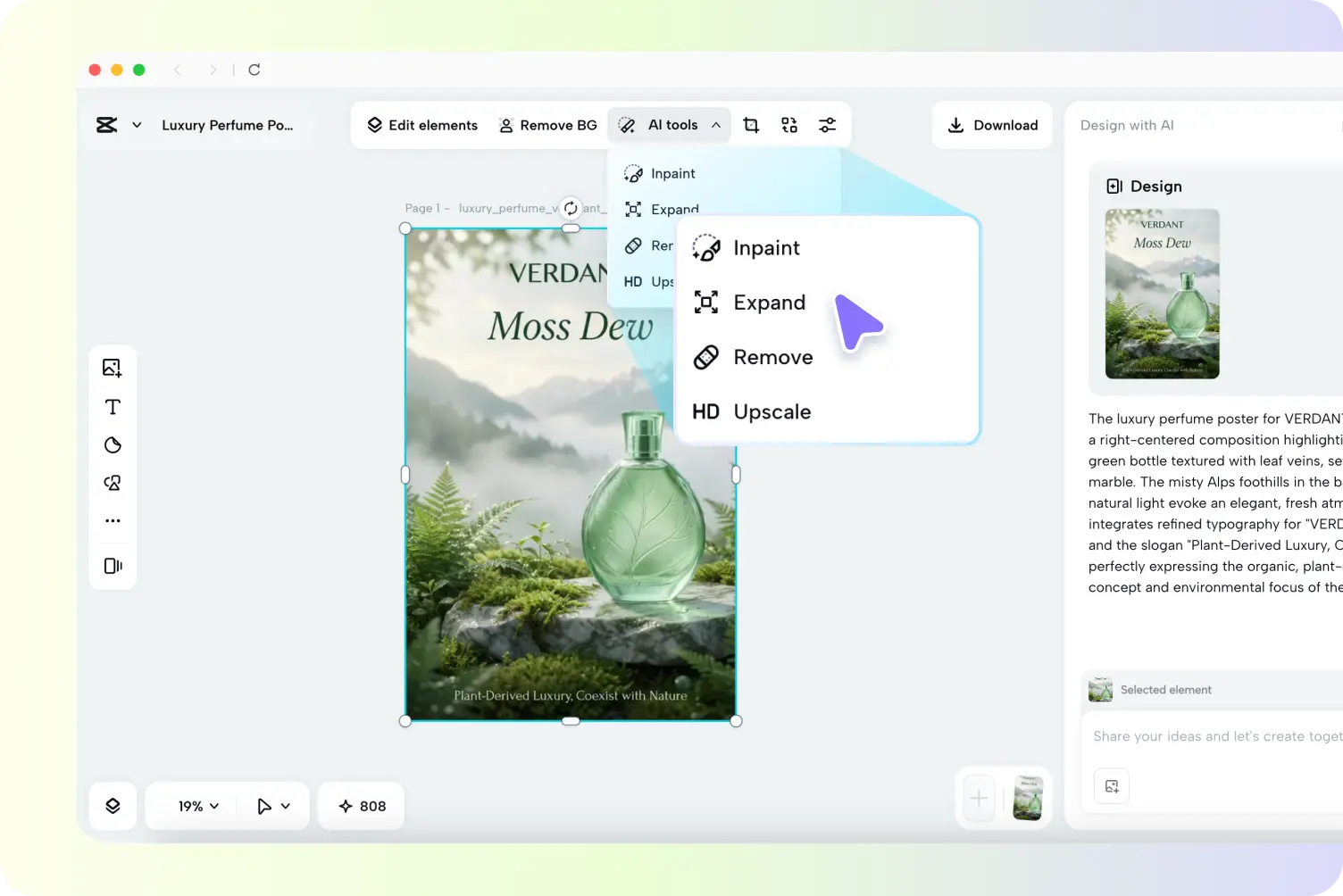 CapCut interface showing generated poster variations and refinement options