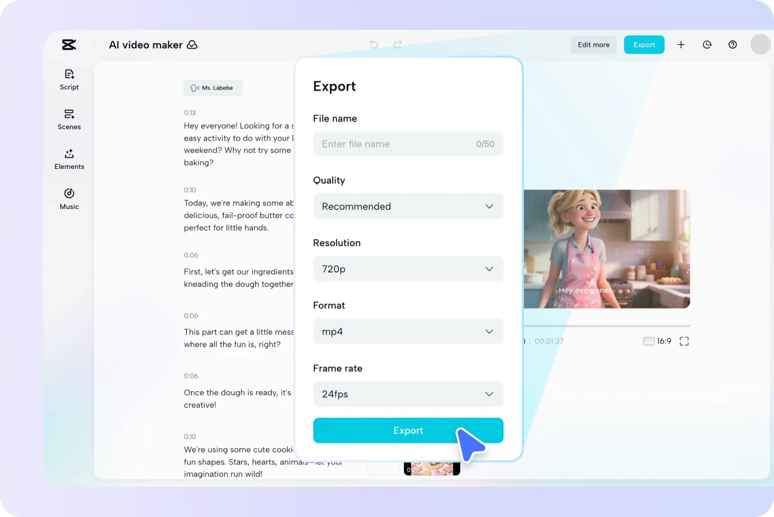CapCut export screen for finishing an AI-generated promo video