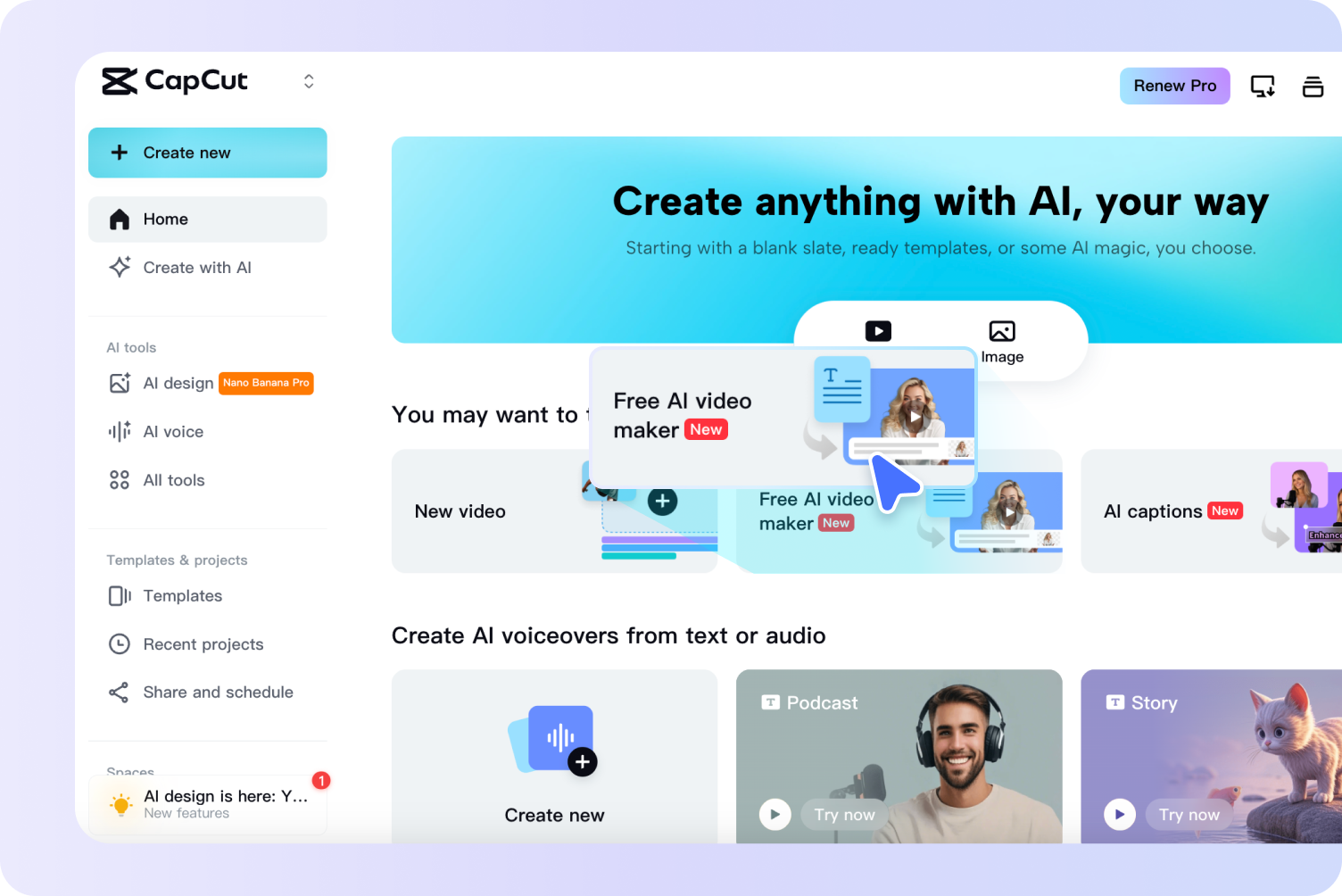 CapCut interface showing access to the AI video maker workflow