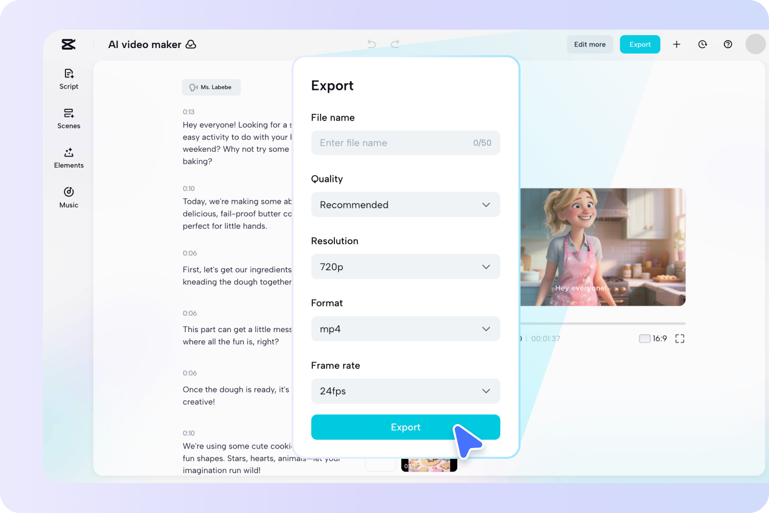 CapCut export interface for finalizing an AI-assisted short video project