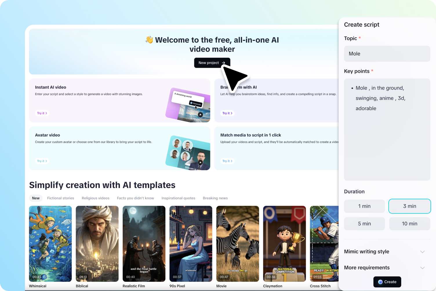 CapCut AI script generation interface showing the text-based video setup stage