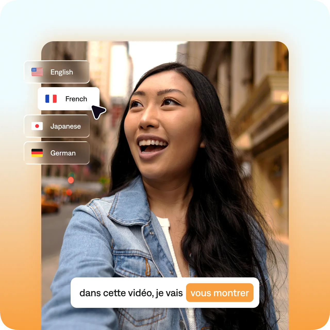 Captions translation interface showing one video adapted into multiple languages
