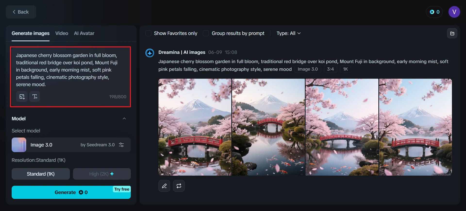 Prompt-writing screen for an AI image and video workflow