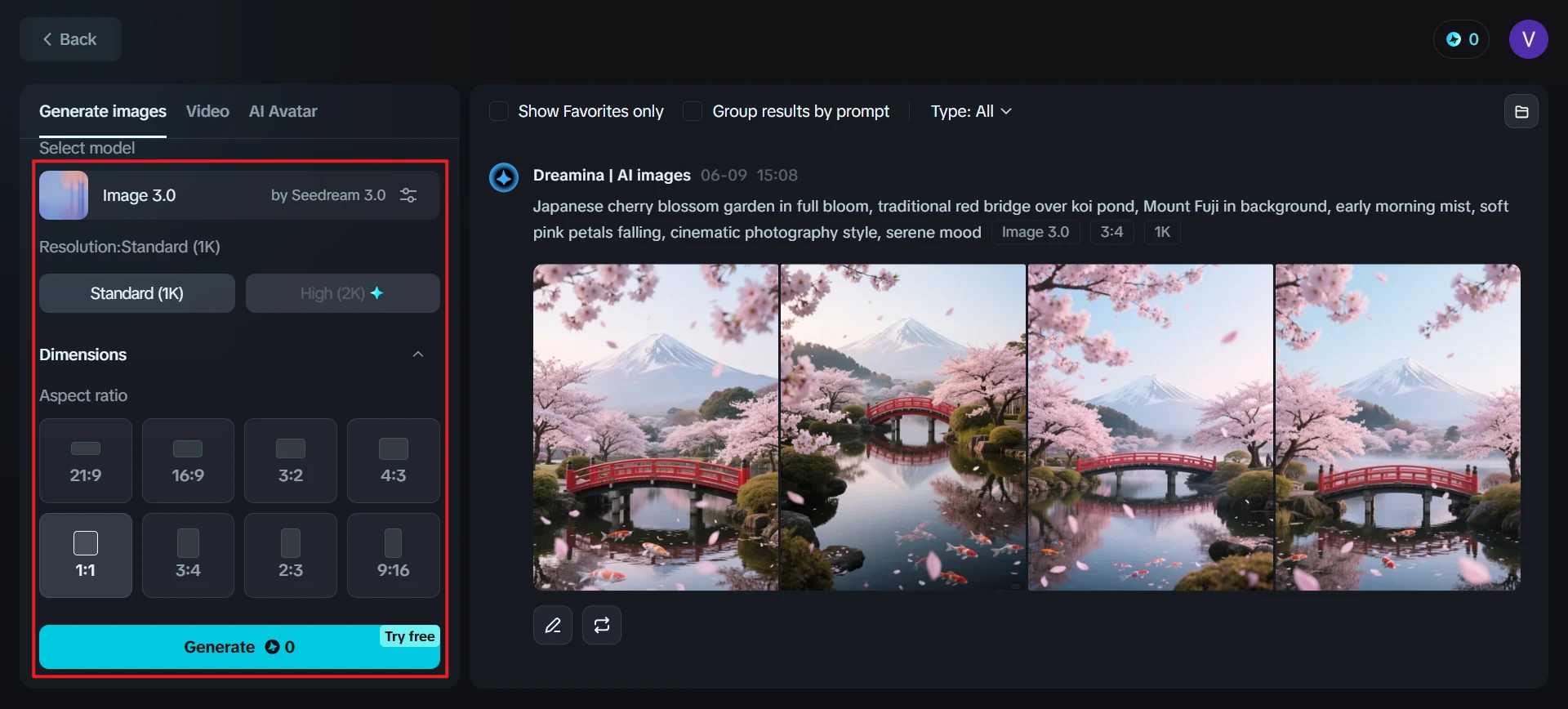 Dreamina image-generation view that can be used to build a reference frame for consistency