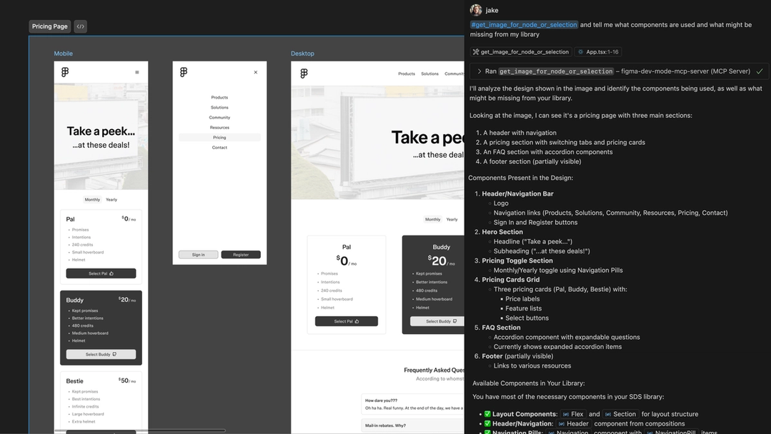 Figma layout with an AI assistant describing components and design intent beside it