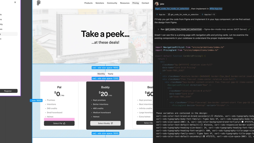Figma screen with selected design and code-oriented context generated beside it
