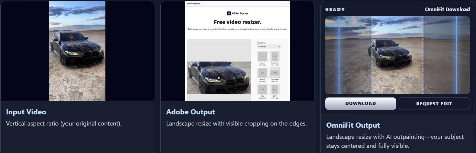 Side-by-side comparison of crop vs outpaint on the same car clip — crop loses the top and bottom, outpainting extends the scene naturally
