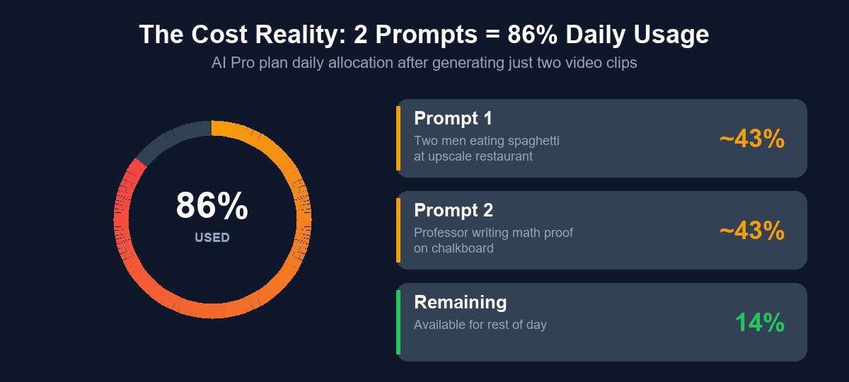 Infographic showing 86% daily AI Pro usage consumed by just two Gemini Omni video prompts