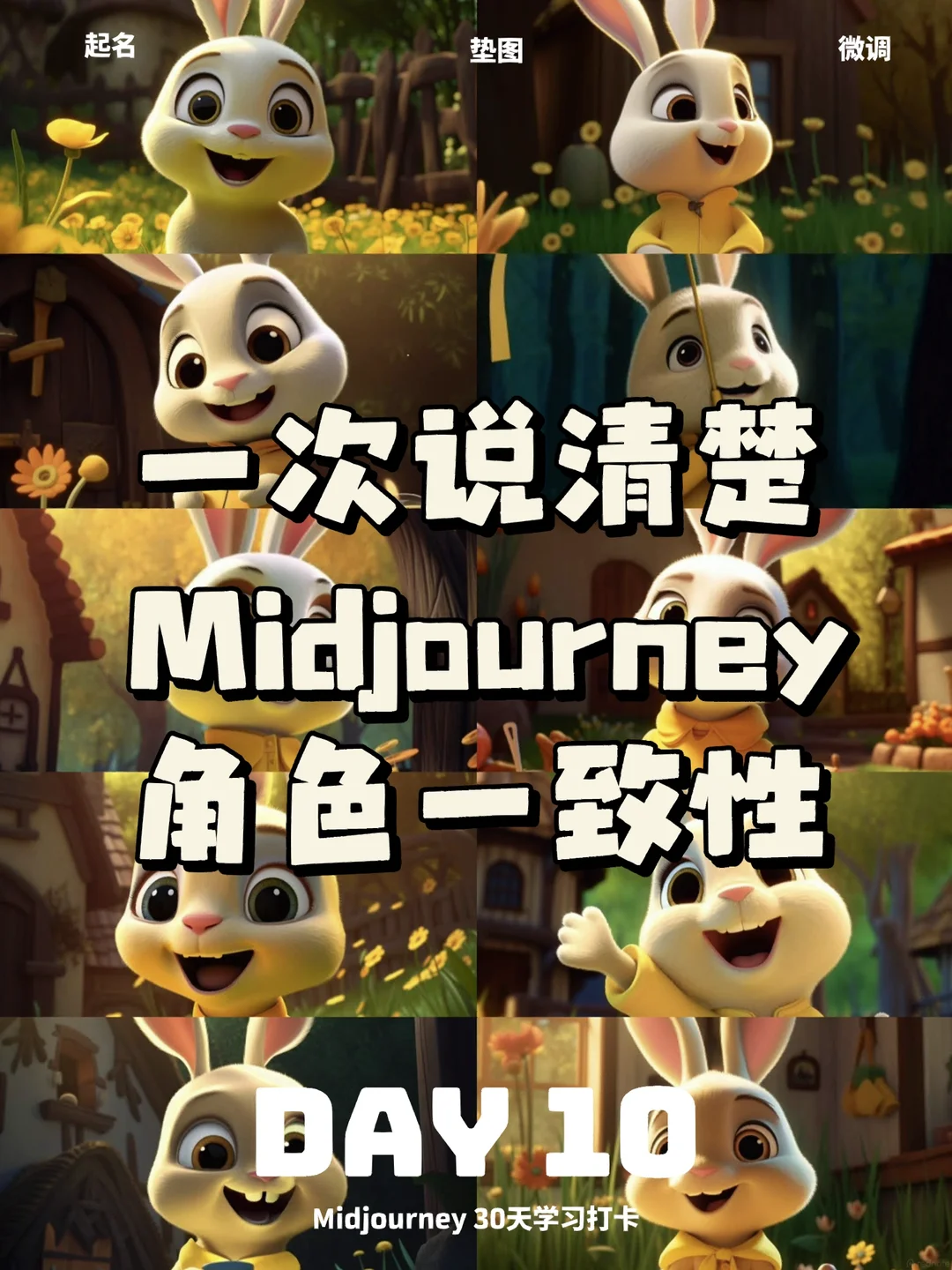 Reference sheet showing one rabbit character repeated with a unified look in Midjourney