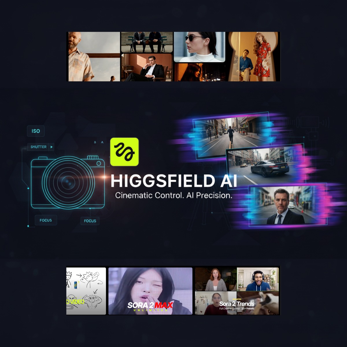 Higgsfield AI video generation tool interface showing the agentic creative production platform
