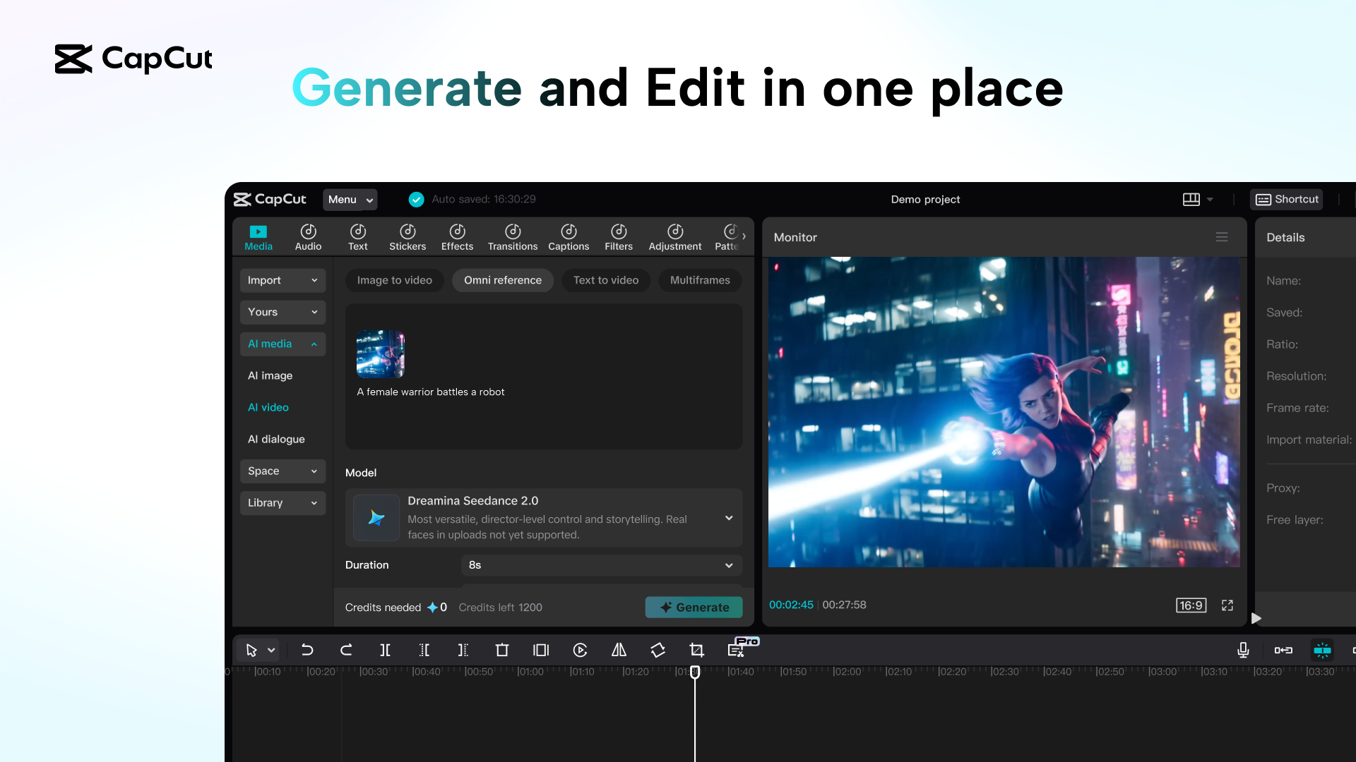 CapCut interface showing Seedance 2.0 image and video generation workflow