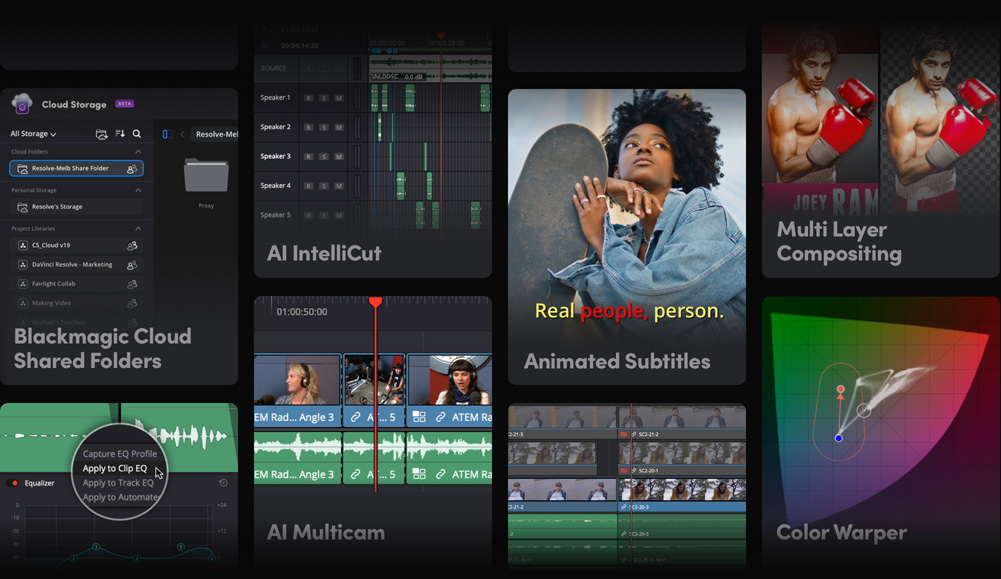 DaVinci Resolve interface collage from Blackmagic Design