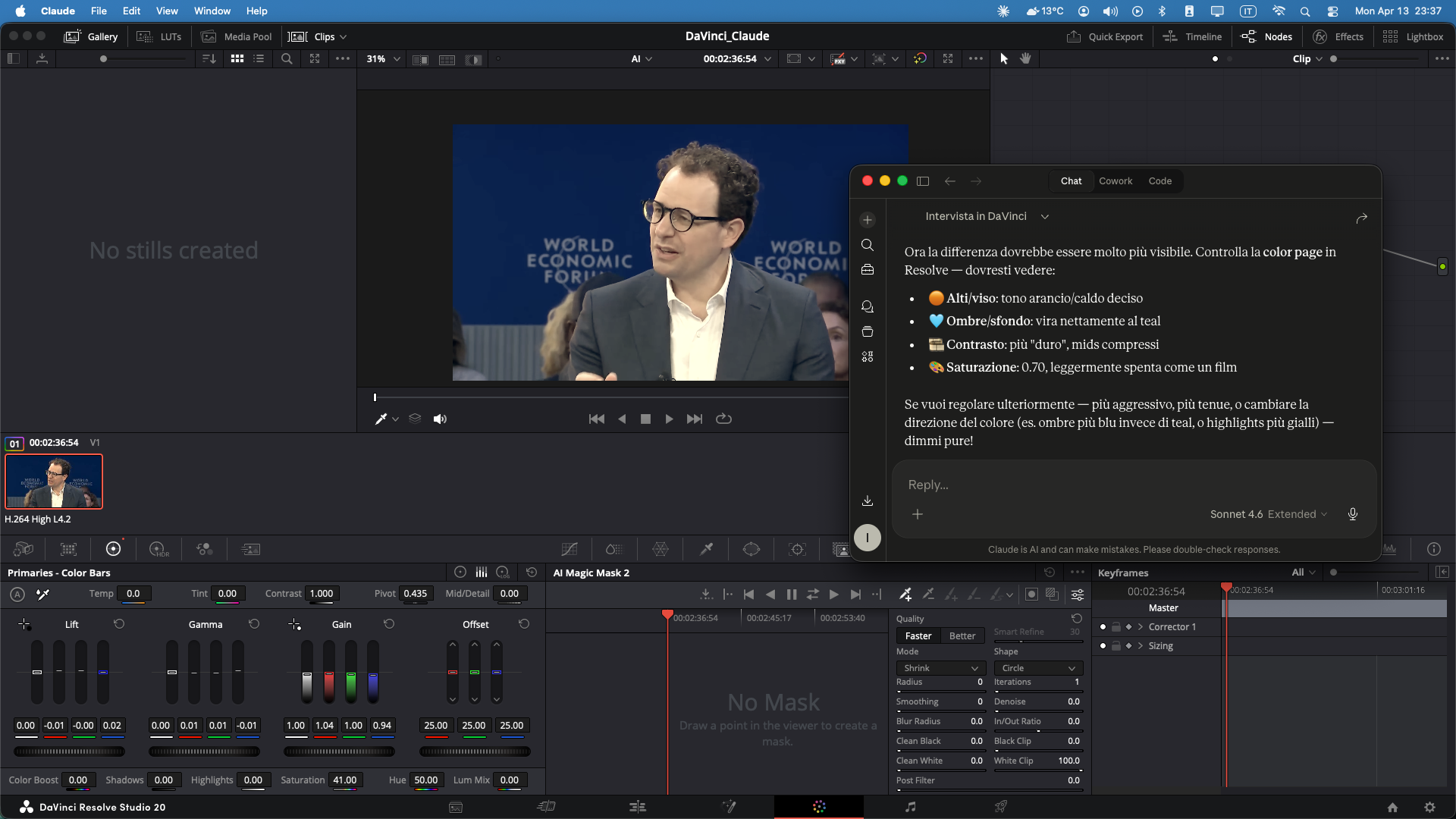 Claude controlling the DaVinci Resolve color page through an MCP server