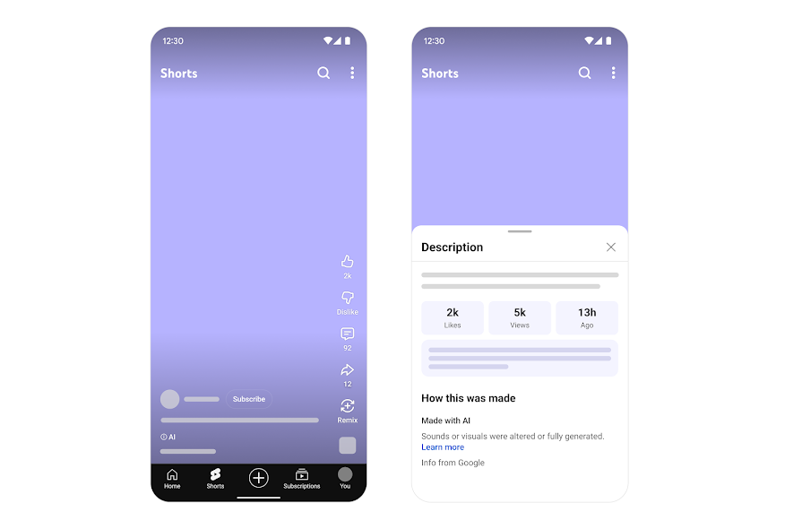 A YouTube mobile interface mockup showing the Description panel with a How this was made section and a Made with AI disclosure.